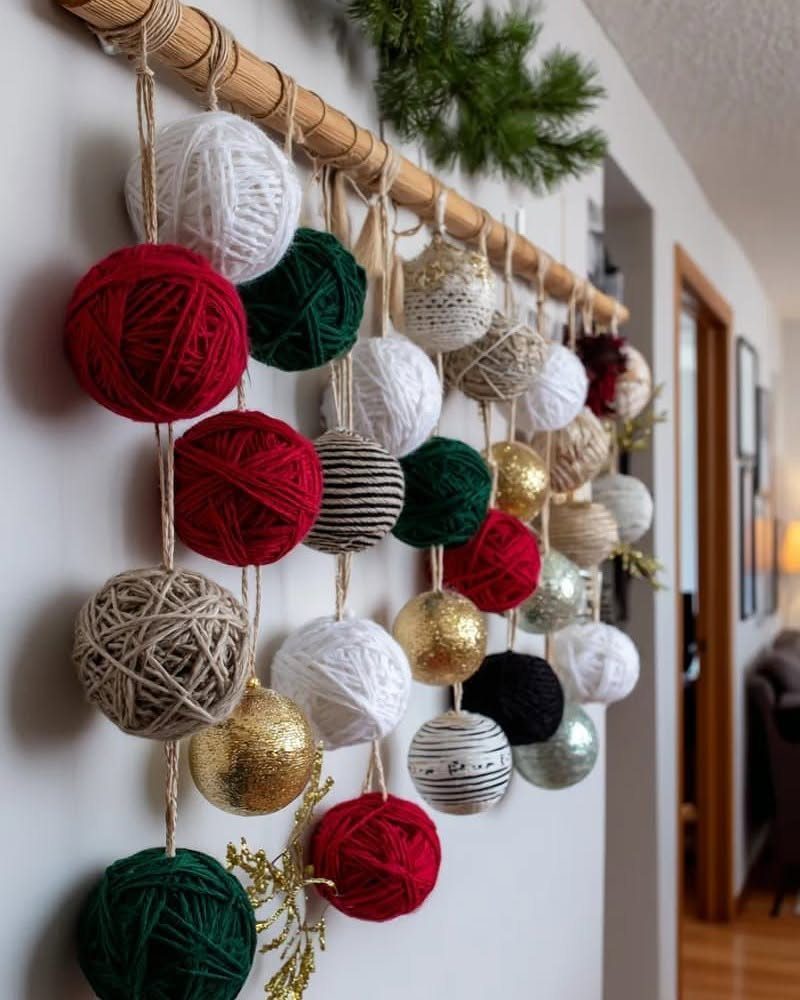 Yarn balls in various colors hanging from a wooden rod as wall decor.
