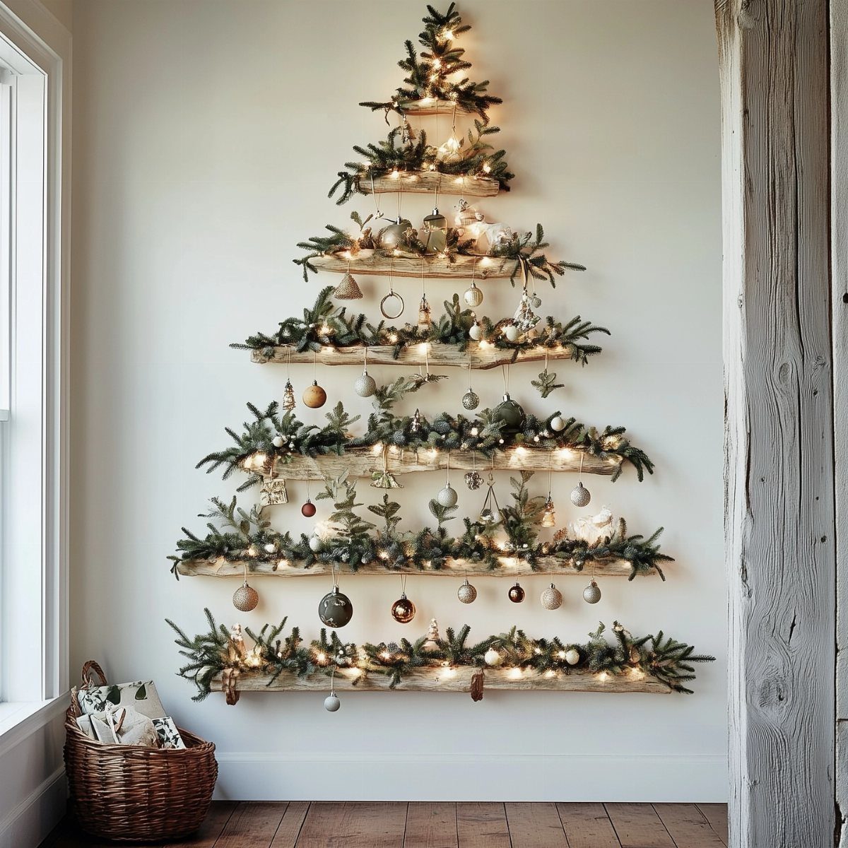 Wooden shelves arranged in a tree shape decorated with evergreen branches and ornaments.