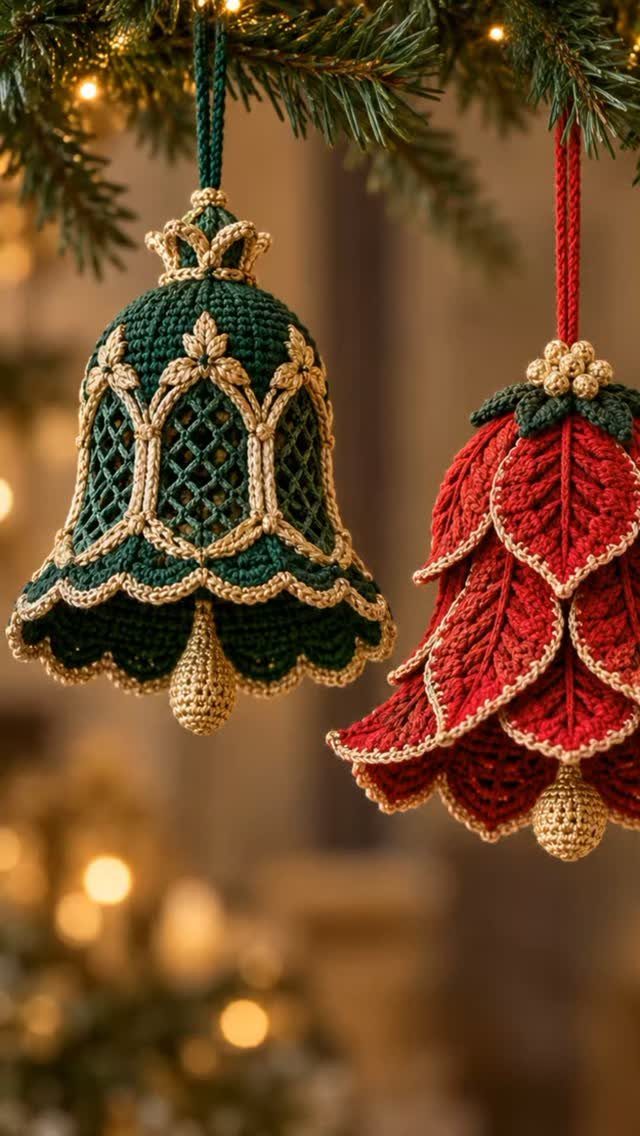 Homemade Christmas Ornament Ideas: 8 Easy Projects 8 Two bell-shaped crochet ornaments in green and red hanging from a Christmas tree branch.