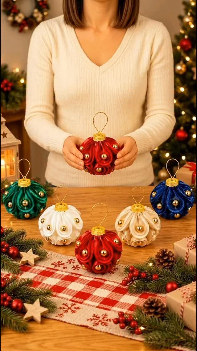 A person holding a red fabric Christmas ornament surrounded by several other colorful handmade ornaments on a festive table.