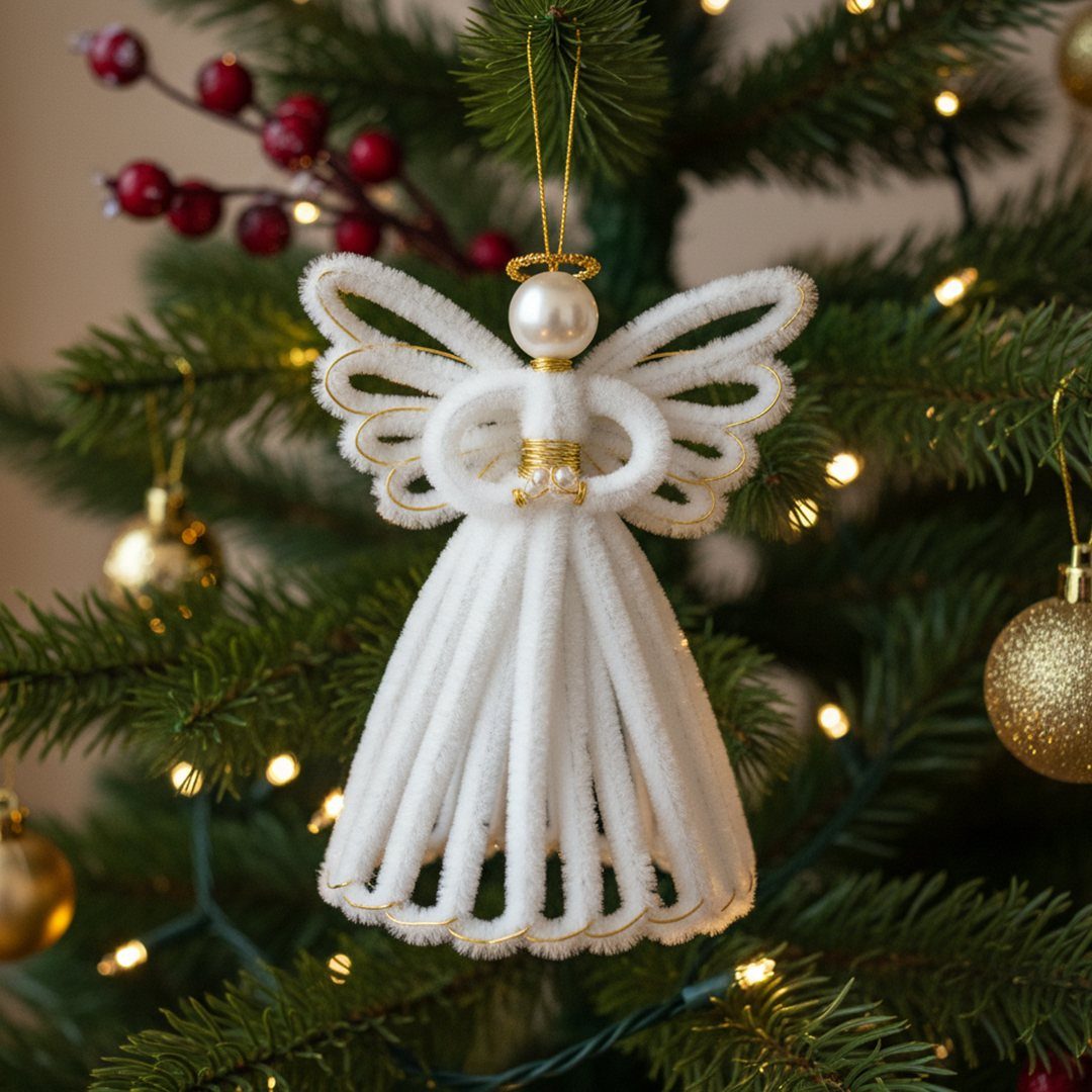 White pipe cleaner angel ornament with gold wire accents hanging on a lit Christmas tree.