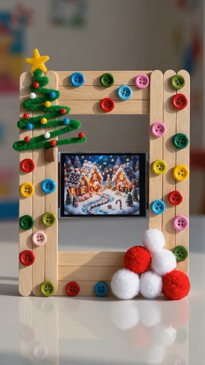 A decorated popsicle stick picture frame featuring colorful buttons, a felt tree, and pom-poms.