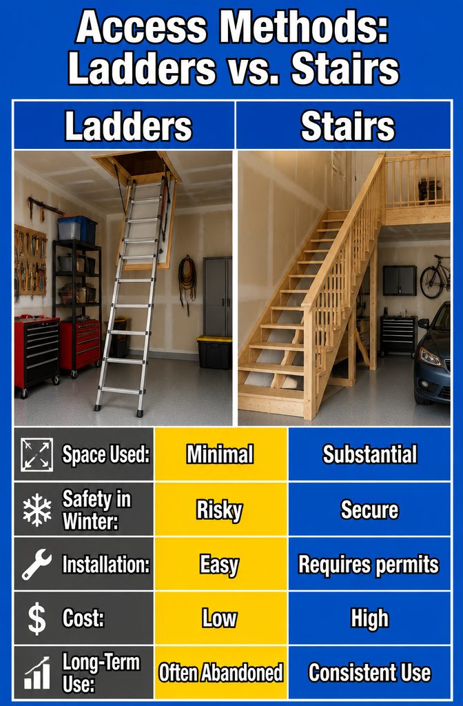 Loft Over Garage: Framing, Load Path and Code Checks 8 Illustration comparing stairs and ladders for loft access.