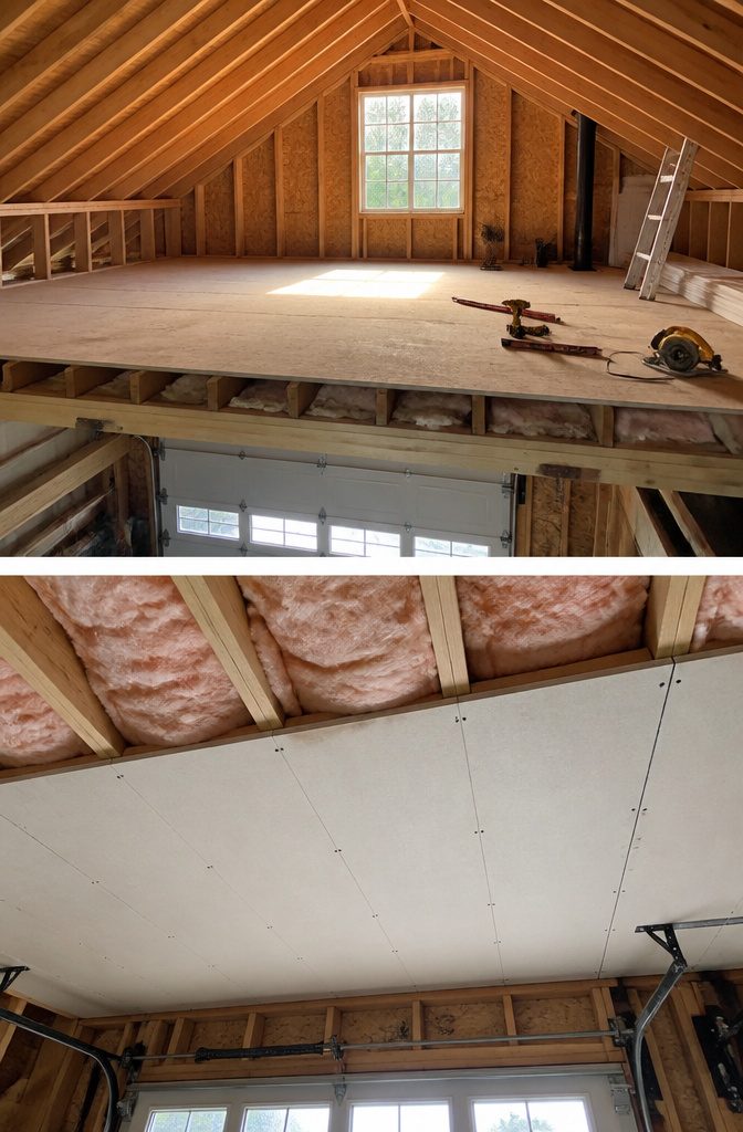 Loft Over Garage: Framing, Load Path and Code Checks 5 Insulation batts in a loft space, showing gaps and framing.
