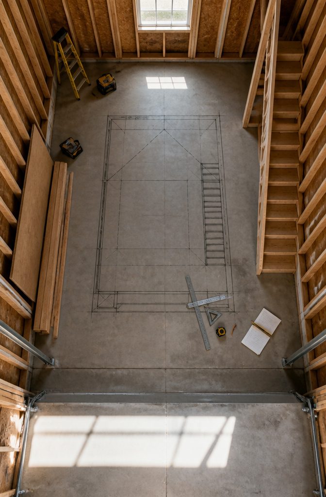 Loft Over Garage: Framing, Load Path and Code Checks 2 Sketch of a garage layout indicating stair placement and headroom.