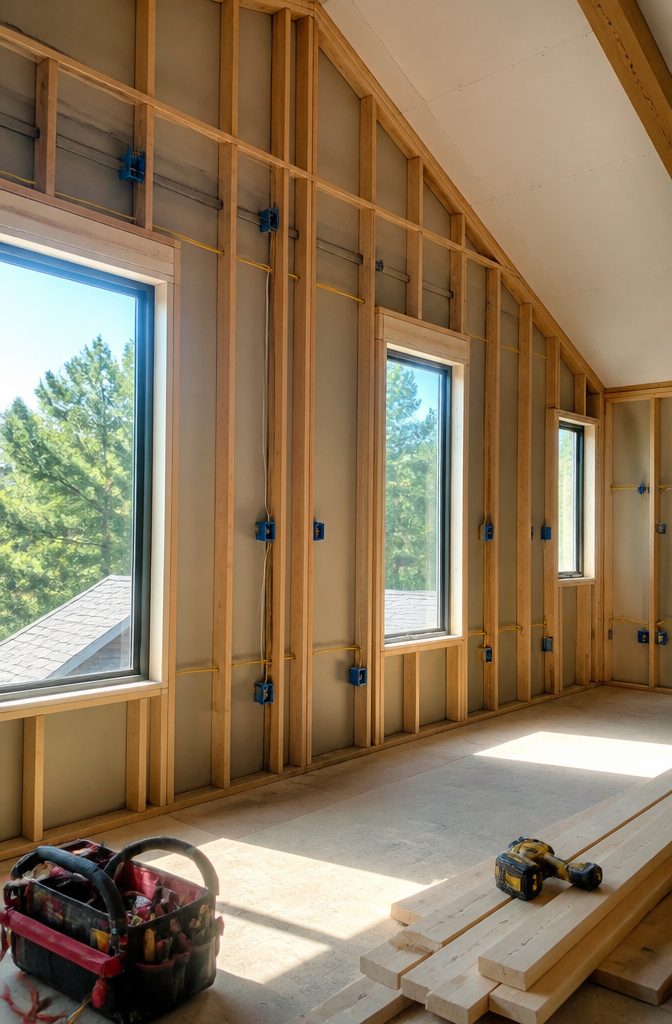 Loft Over Garage: Framing, Load Path and Code Checks 6 An unfinished loft with exposed wiring and framing details.
