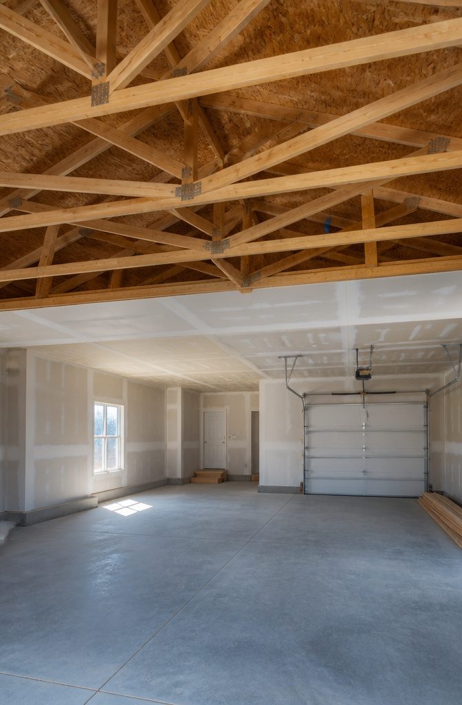 Loft Over Garage: Framing, Load Path and Code Checks 1 Engineered wood trusses in a garage with exposed drywall.