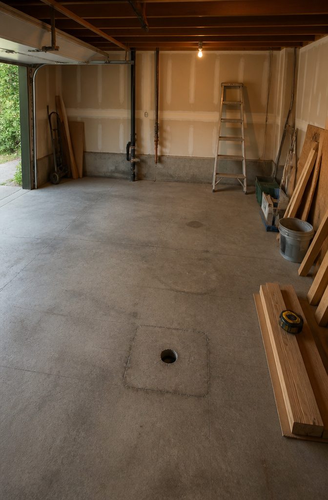 Loft Over Garage: Framing, Load Path and Code Checks 4 A garage slab with a post, highlighting potential structural issues.