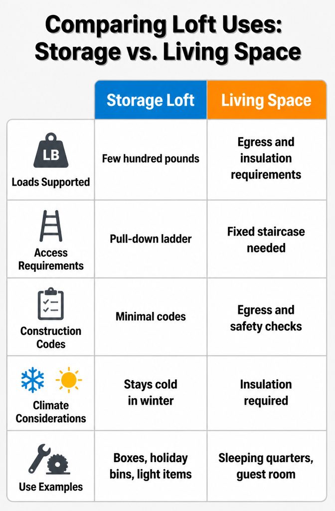 Loft Over Garage: Framing, Load Path and Code Checks 7 Comparison image showing different uses of a loft space.