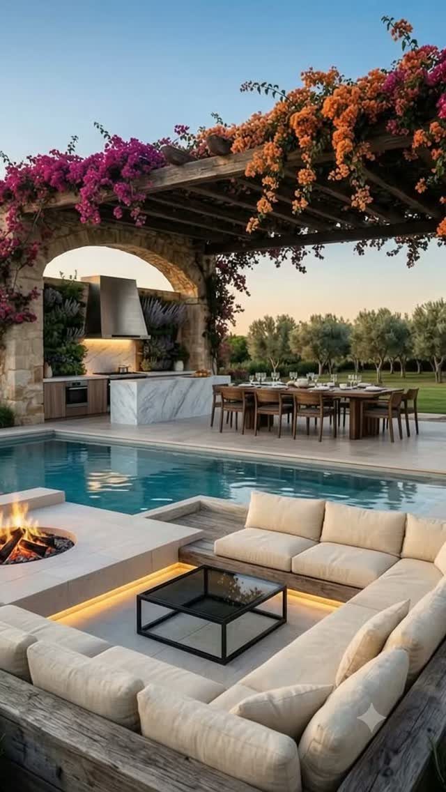 11 Outdoor Kitchen with Pool Ideas That Actually Work 2 A luxury outdoor kitchen with a marble island and pergola covered in colorful flowers overlooking a pool.