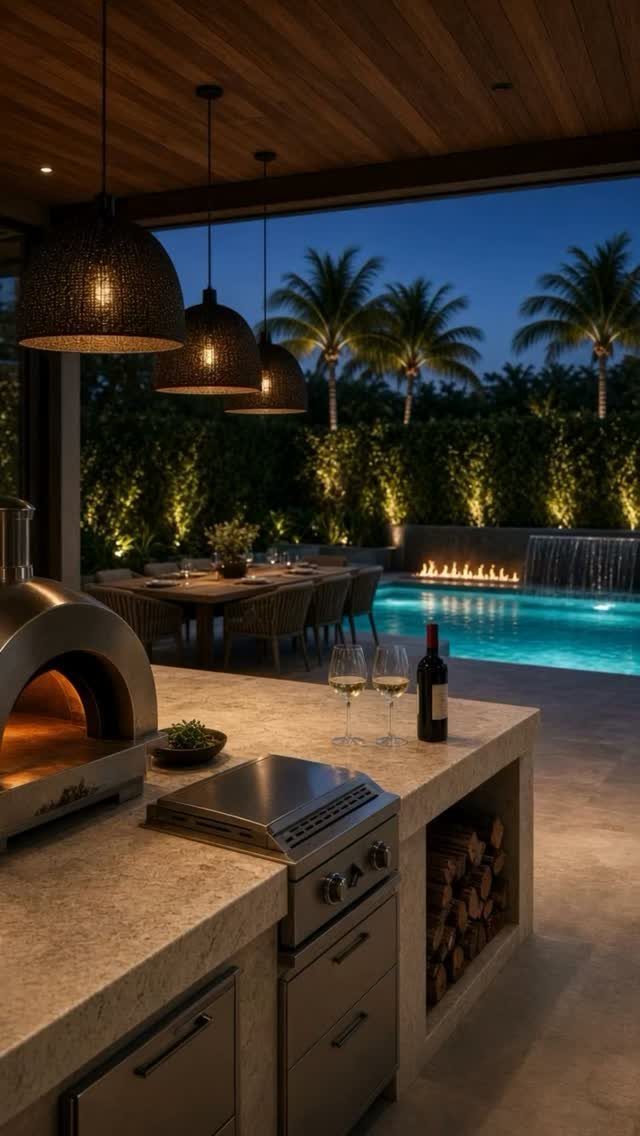 11 Outdoor Kitchen with Pool Ideas That Actually Work 10 Outdoor kitchen with a stone countertop, pizza oven, and grill overlooking a lit swimming pool.