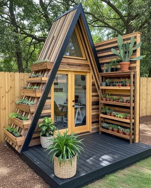A wooden A-frame studio shed with glass doors and built-in plant boxes on a dark deck.