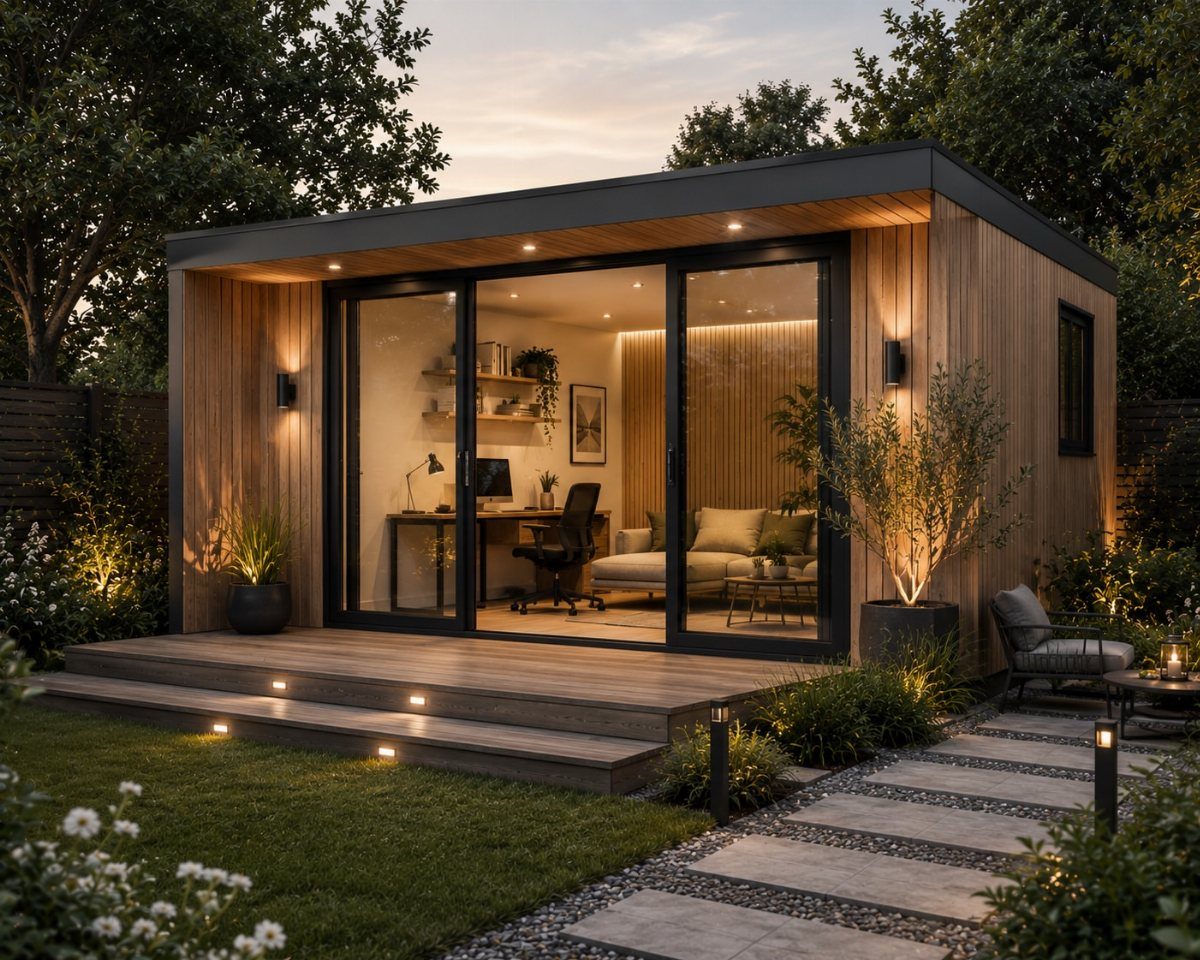 A modern wooden backyard studio featuring a workspace and a lounge area visible through glass doors.
