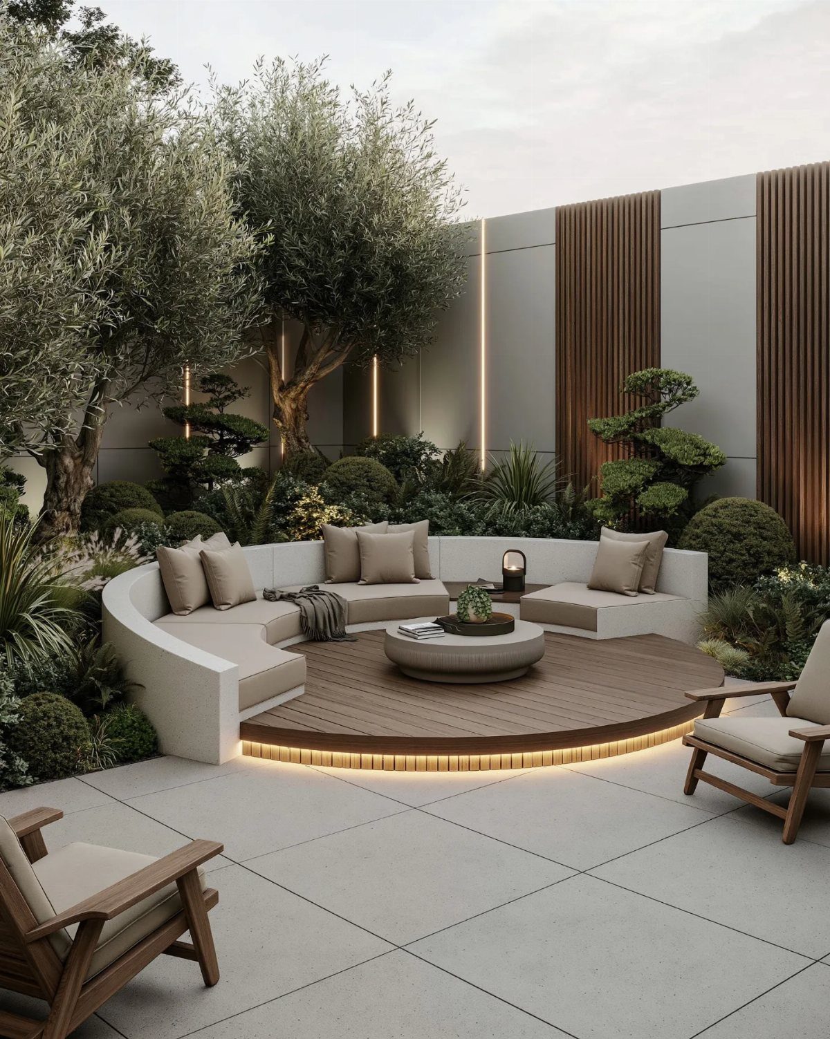 A curved wooden deck platform with built-in lighting and white curved outdoor seating surrounded by greenery.