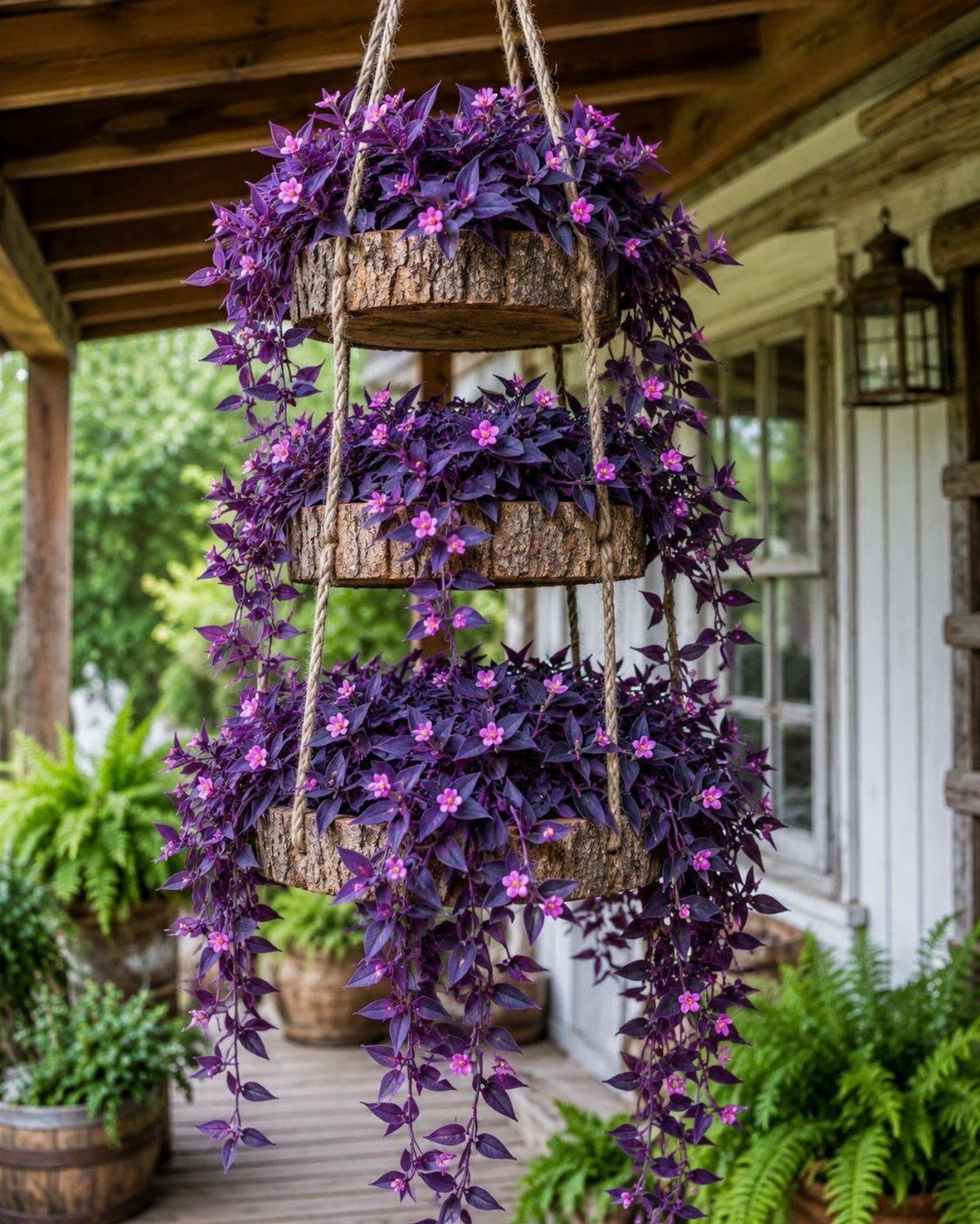 Three wooden hanging planters with cascading purple plants suspended by ropes on a wooden porch.