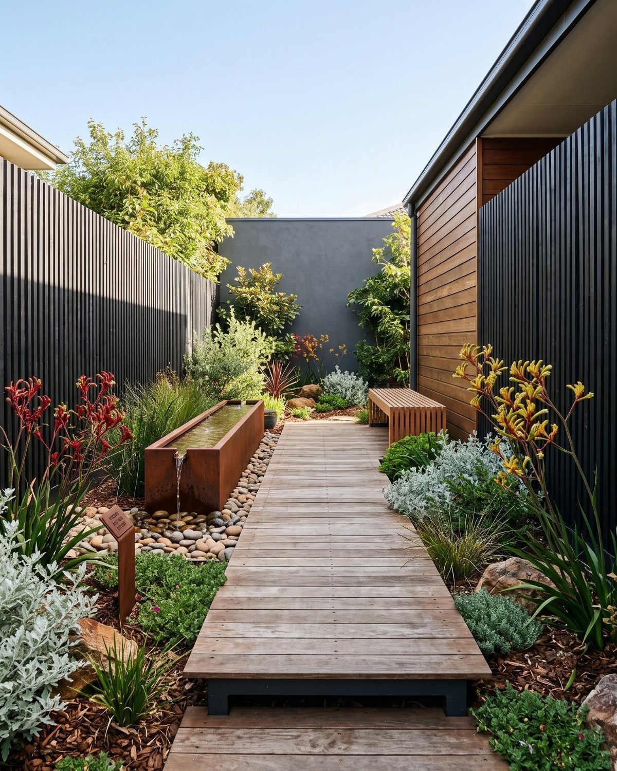 Wooden plank walkway winding through a narrow garden with diverse green plants and red flowers.