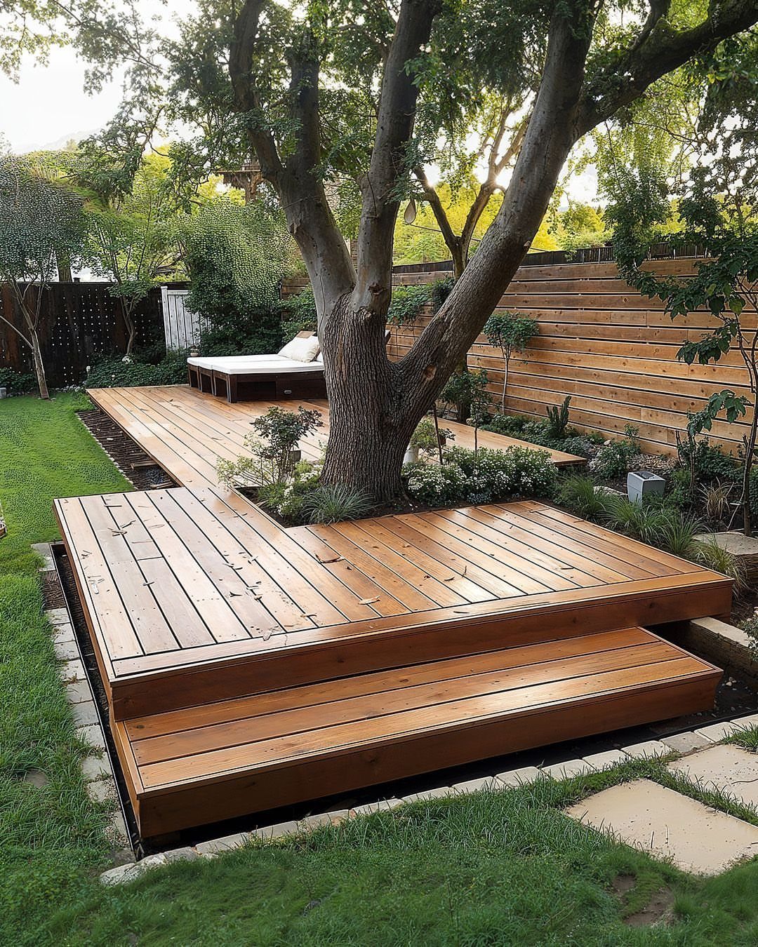 A multi-level wooden deck built around a large tree in a green garden.