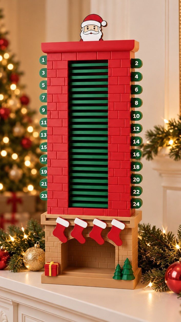 A red brick-style vertical advent calendar with numbered green slats on a white mantelpiece.