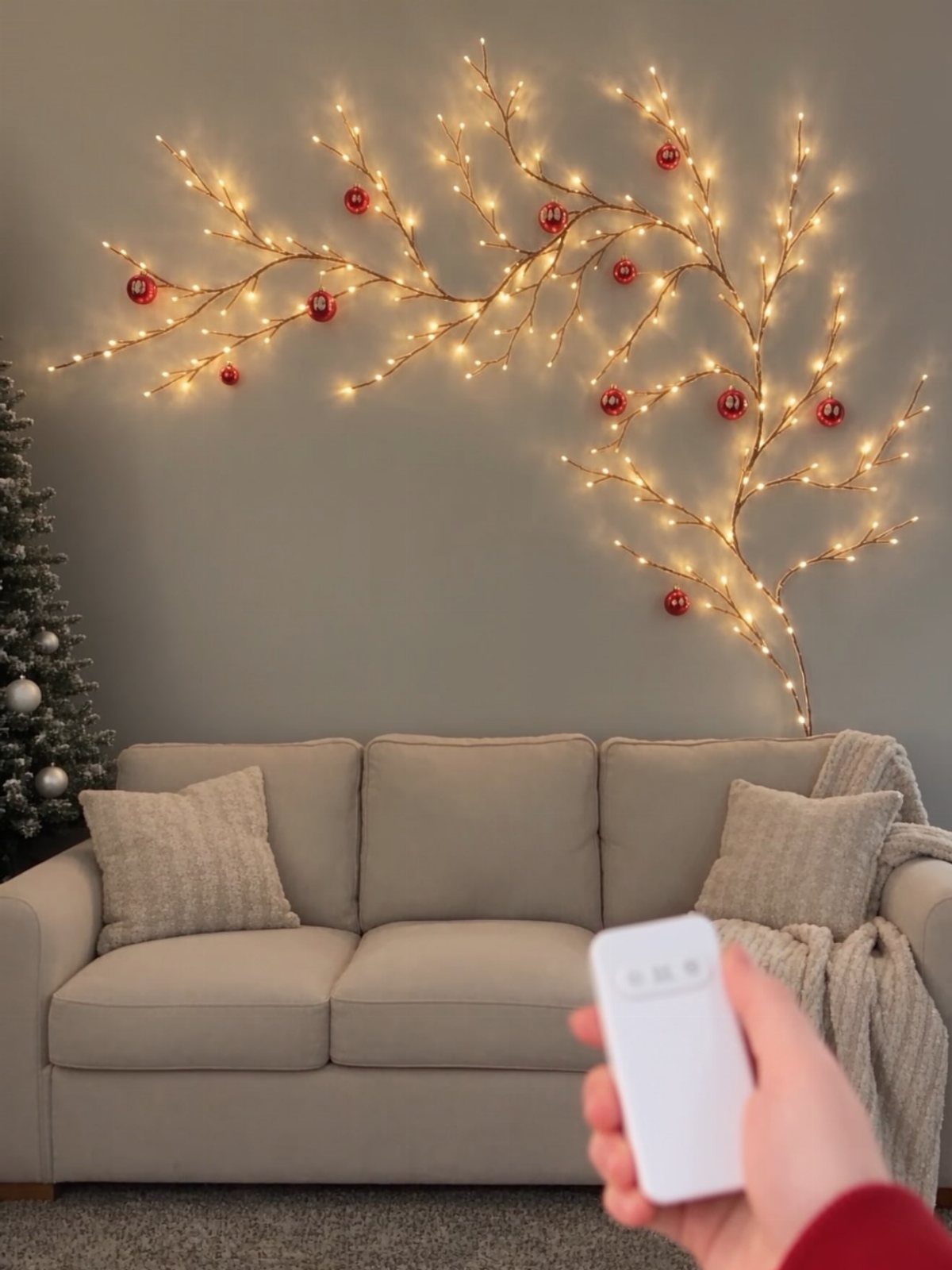 A hand holding a remote control pointing toward glowing branch-shaped string lights on a wall.
