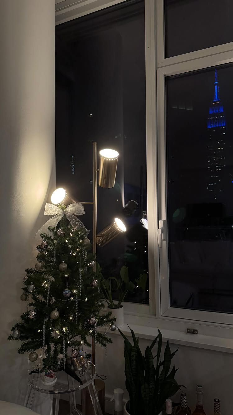 Small decorated Christmas tree with lights and ornaments sitting on a table by a window.