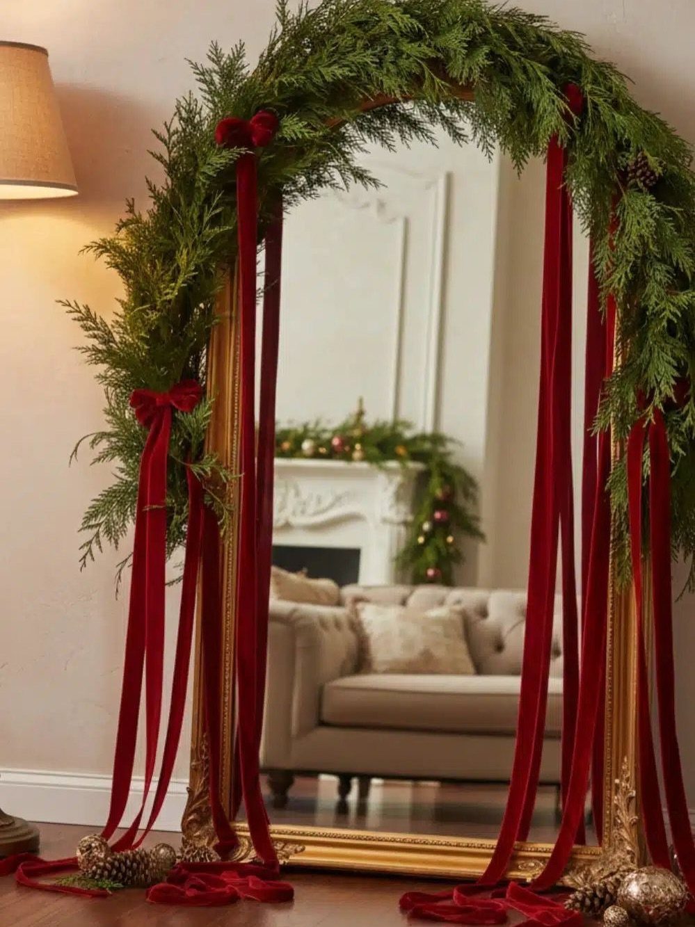 A gold mirror decorated with green garland and red ribbons reflecting a living room.