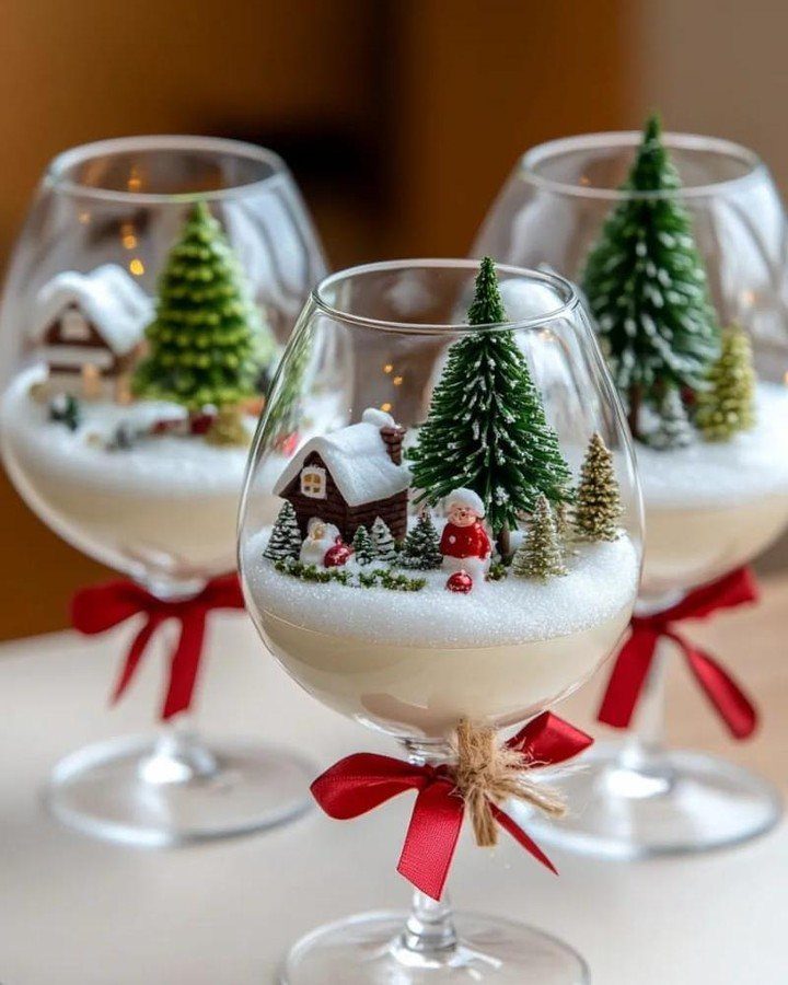 Three wine glasses containing miniature snowy Christmas scenes with tiny trees and houses.