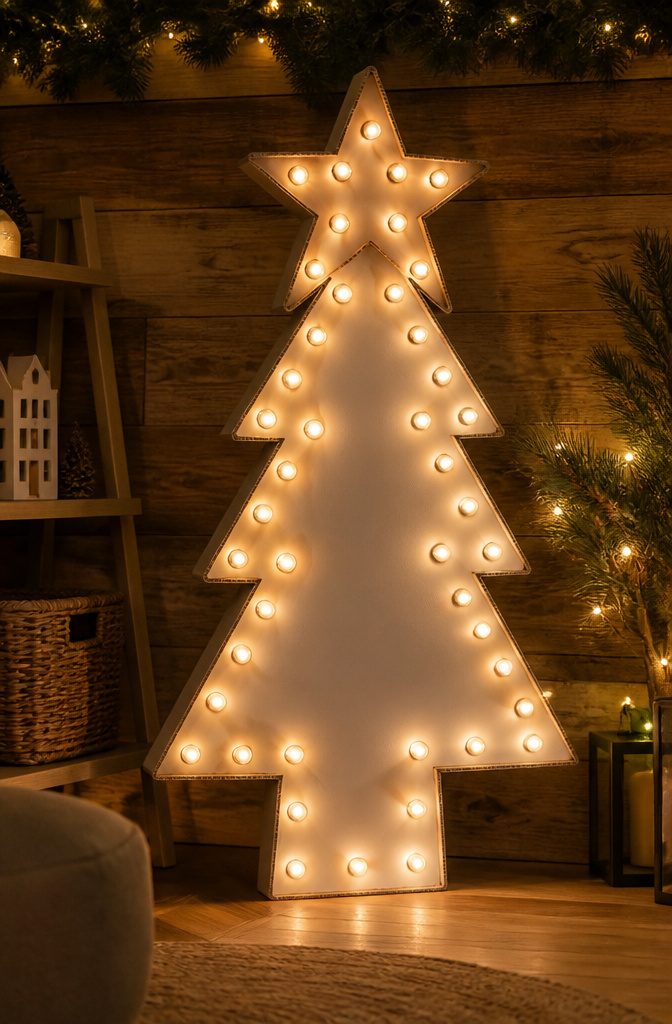 20 DIY Xmas Room Decor Ideas to Make This Holiday 16 A lighted marquee sign made from cardboard with bulbs.