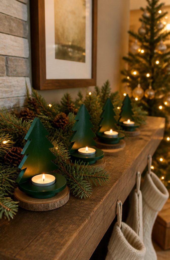 20 DIY Xmas Room Decor Ideas to Make This Holiday 1 Wooden candle holders shaped like Christmas trees on a mantel.