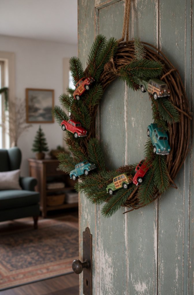 20 DIY Xmas Room Decor Ideas to Make This Holiday 19 A grapevine wreath decorated with colorful vintage toy cars.