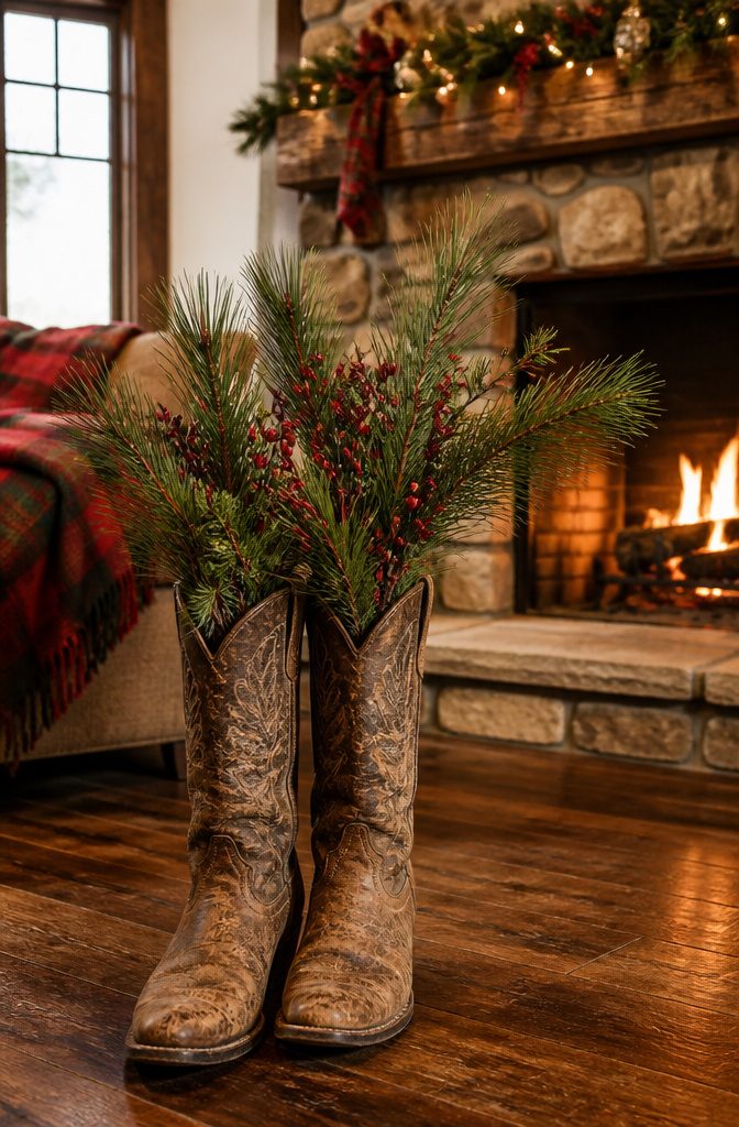 20 DIY Xmas Room Decor Ideas to Make This Holiday 2 A pair of cowboy boots filled with winter greenery and berries.