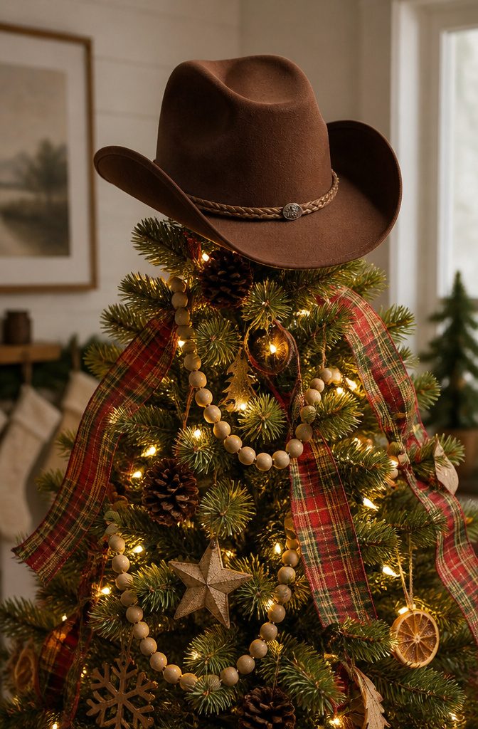 20 DIY Xmas Room Decor Ideas to Make This Holiday 10 A child's cowboy hat placed atop a Christmas tree.