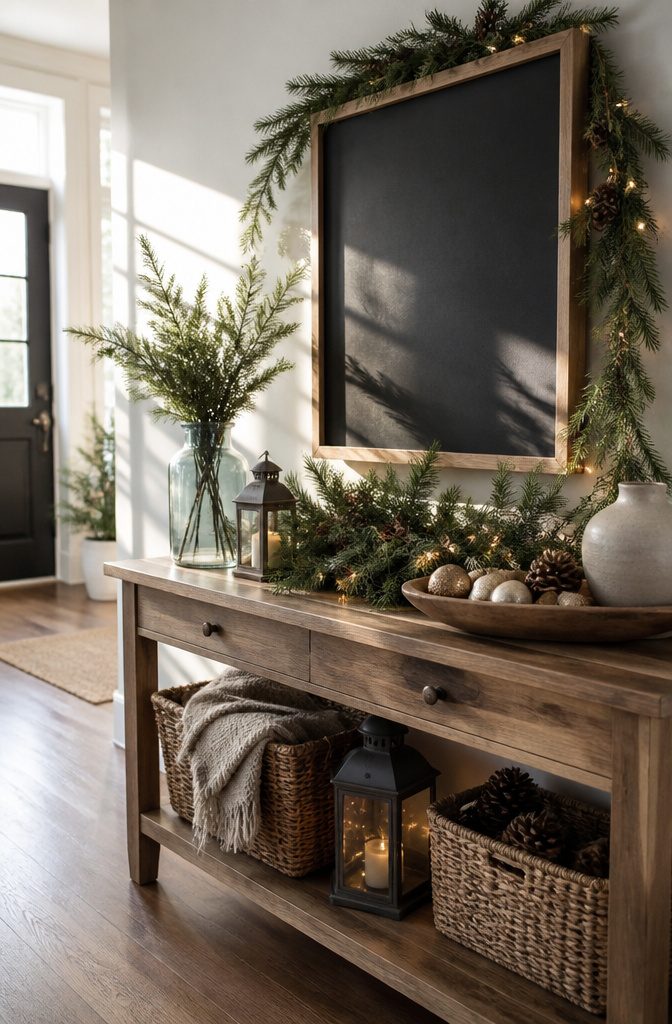20 DIY Xmas Room Decor Ideas to Make This Holiday 3 A chalkboard sign framed in wood, surrounded by seasonal decor.