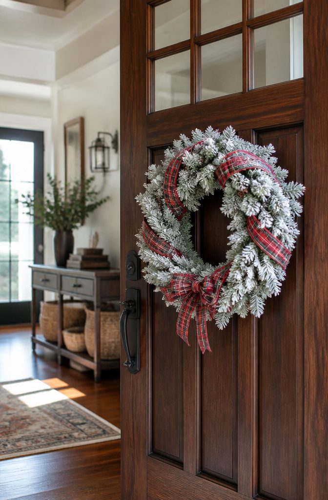 20 DIY Xmas Room Decor Ideas to Make This Holiday 9 A flocked Christmas wreath adorned with a tartan ribbon.