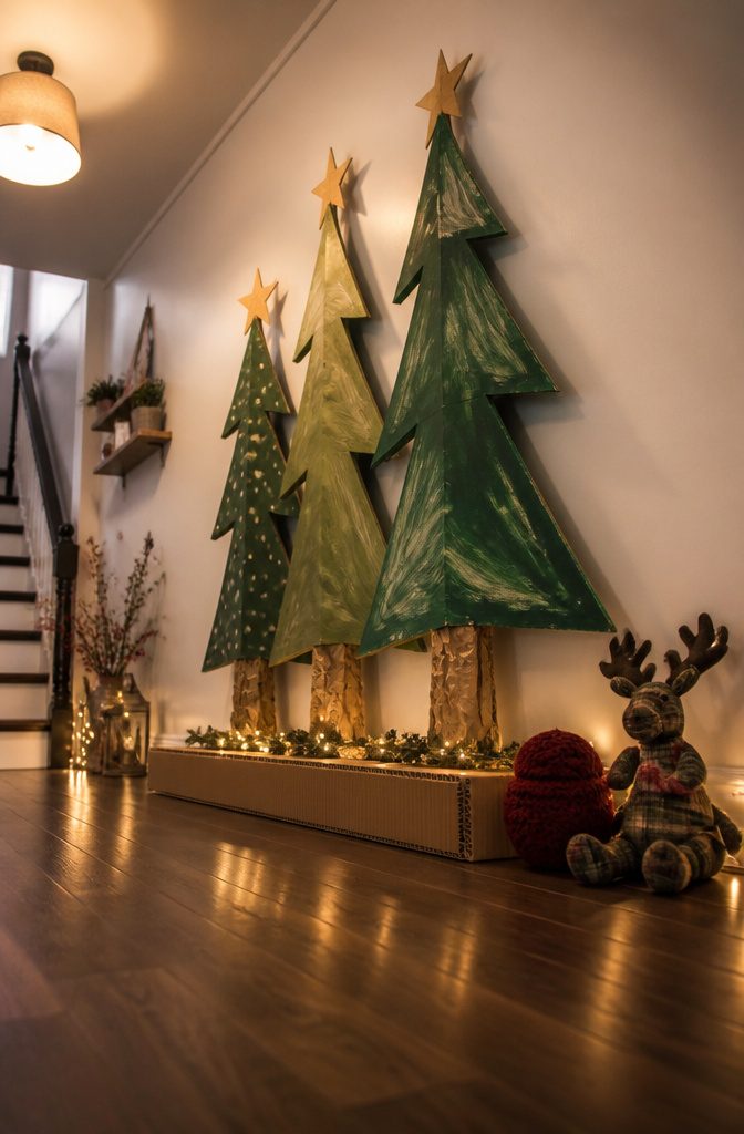 20 DIY Xmas Room Decor Ideas to Make This Holiday 8 Cardboard Christmas trees arranged in a star shape.