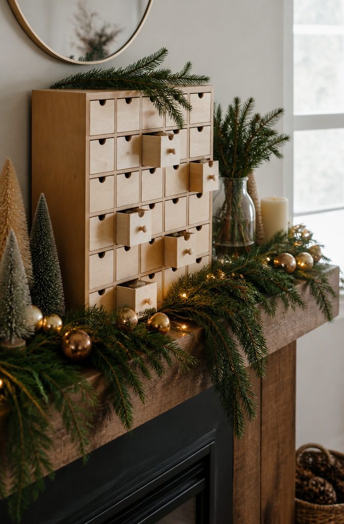 20 DIY Xmas Room Decor Ideas to Make This Holiday 12 A wooden advent calendar with small drawers displayed on a mantle.