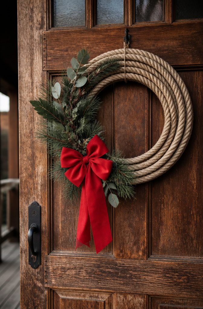 20 DIY Xmas Room Decor Ideas to Make This Holiday 6 A coiled rope lasso wreath decorated with greenery and a bow.