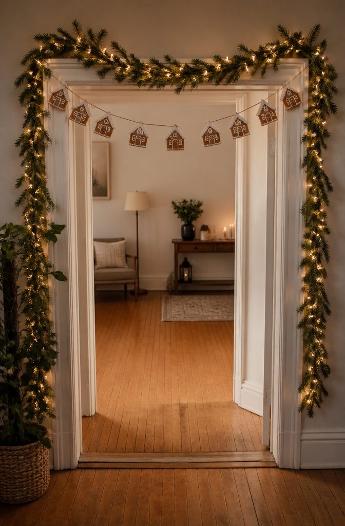20 DIY Xmas Room Decor Ideas to Make This Holiday 13 A string of tiny gingerbread houses hanging across a mantel.