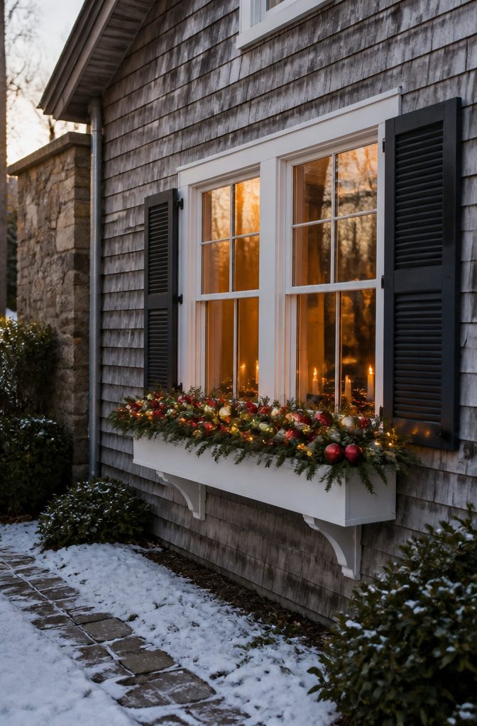 20 DIY Xmas Room Decor Ideas to Make This Holiday 4 Ornaments and evergreen boughs arranged in window boxes.