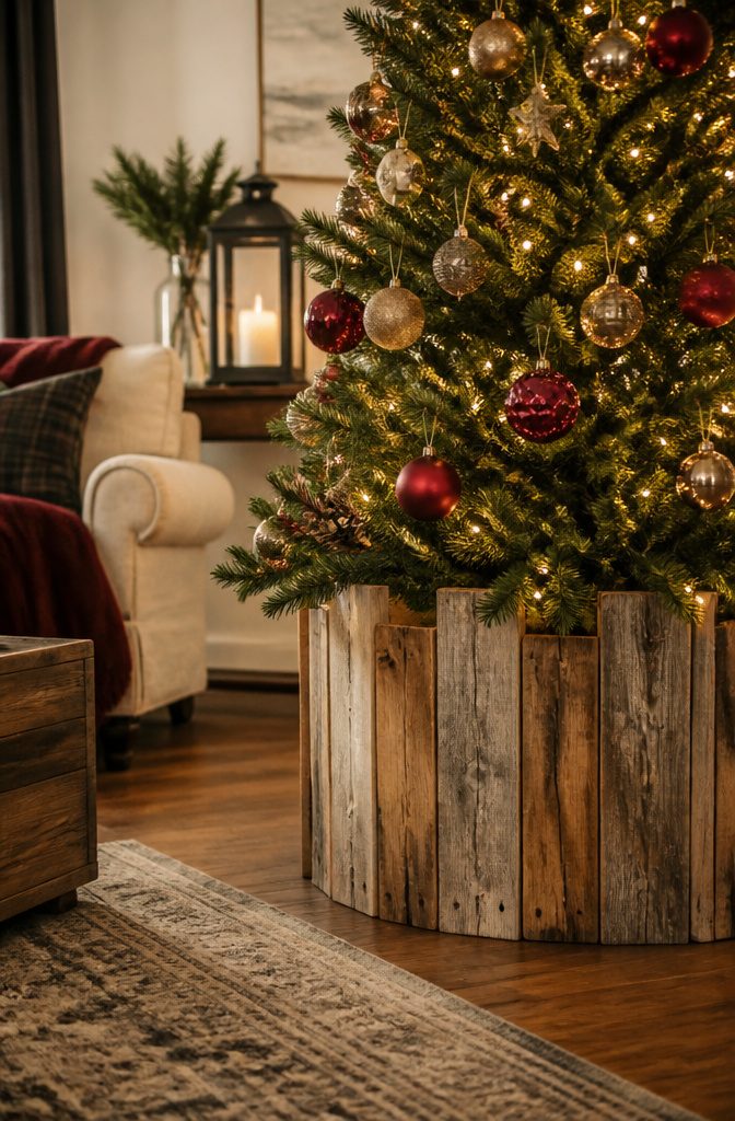 20 DIY Xmas Room Decor Ideas to Make This Holiday 7 A tree collar made from weathered pallet wood around a Christmas tree.