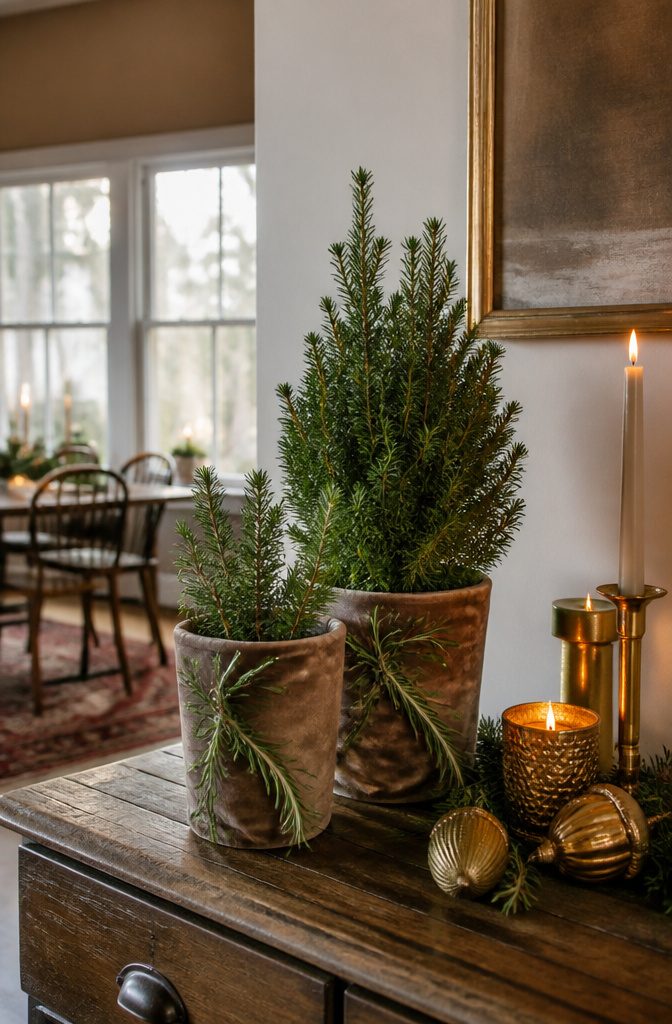20 DIY Xmas Room Decor Ideas to Make This Holiday 14 Fabric-wrapped terra cotta pots with greenery displayed on a table.