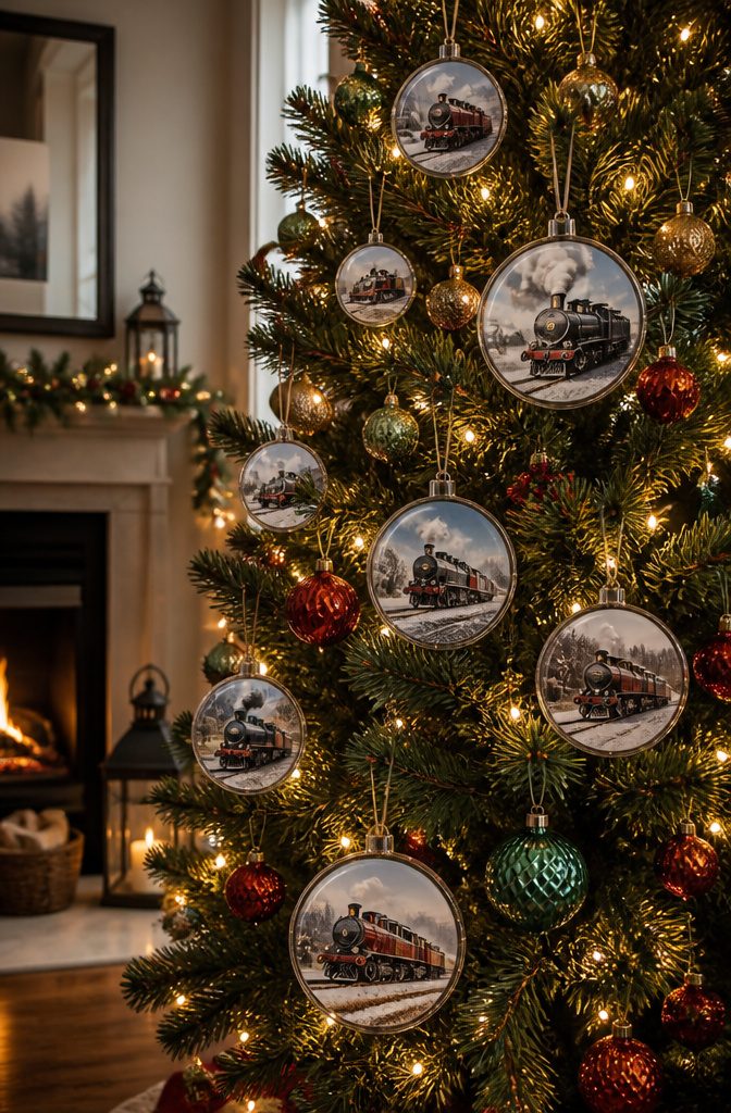 20 DIY Xmas Room Decor Ideas to Make This Holiday 11 Clear acrylic train photo ornaments hanging from a Christmas tree.