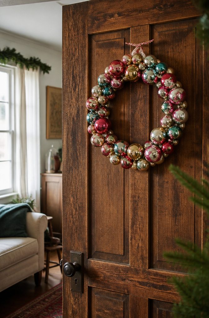 20 DIY Xmas Room Decor Ideas to Make This Holiday 17 A wreath made of vintage ornaments displayed on a wooden door.